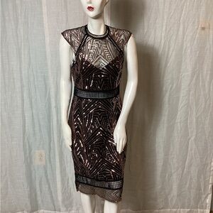 SAYLOR- Black/ Rose Gold- sequin Heloise Mesh & Lace Sheath Dress; Size: L